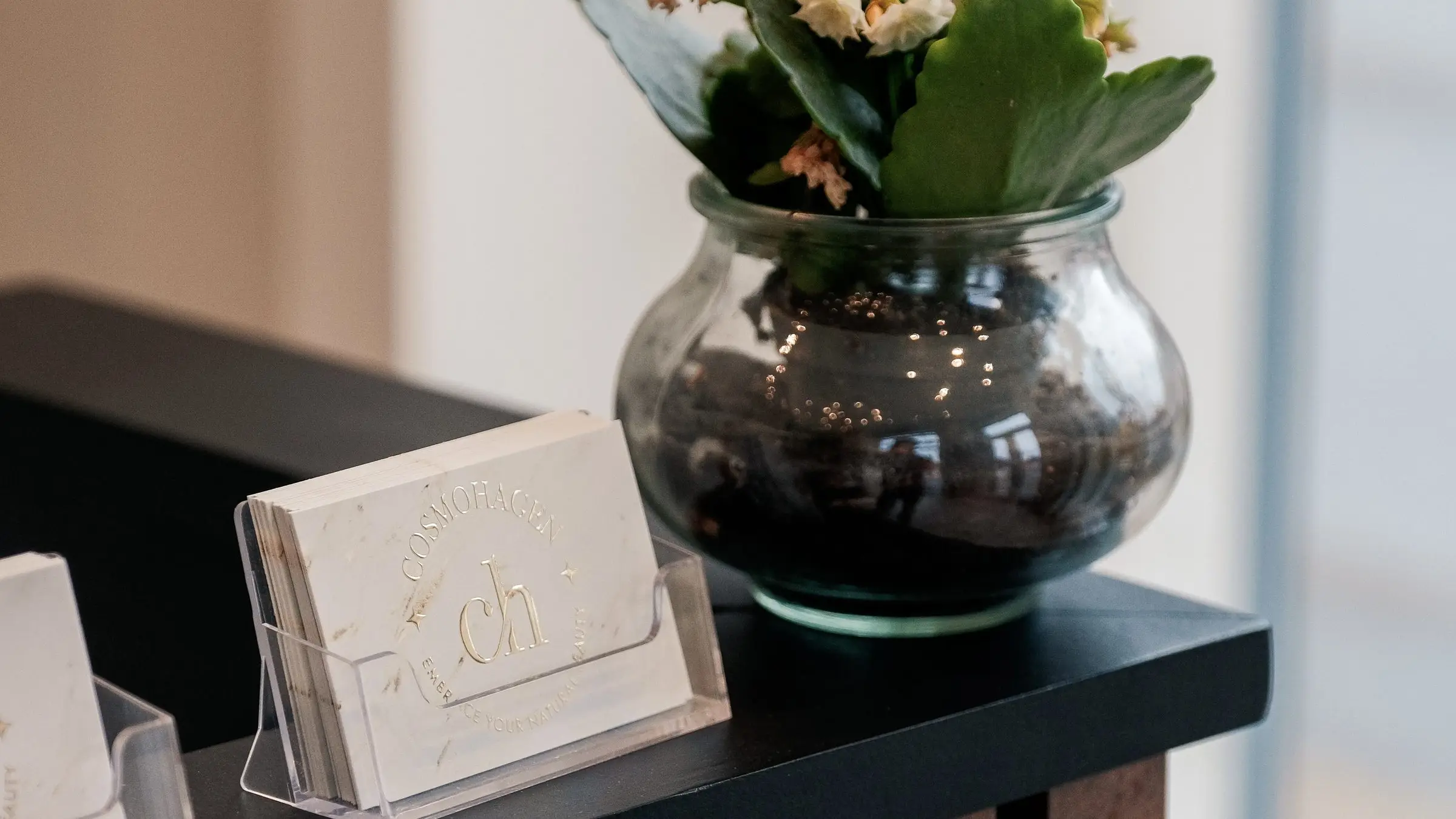 Cosmohagens visitkort og en blomstrende plante på disken i klinikkens reception