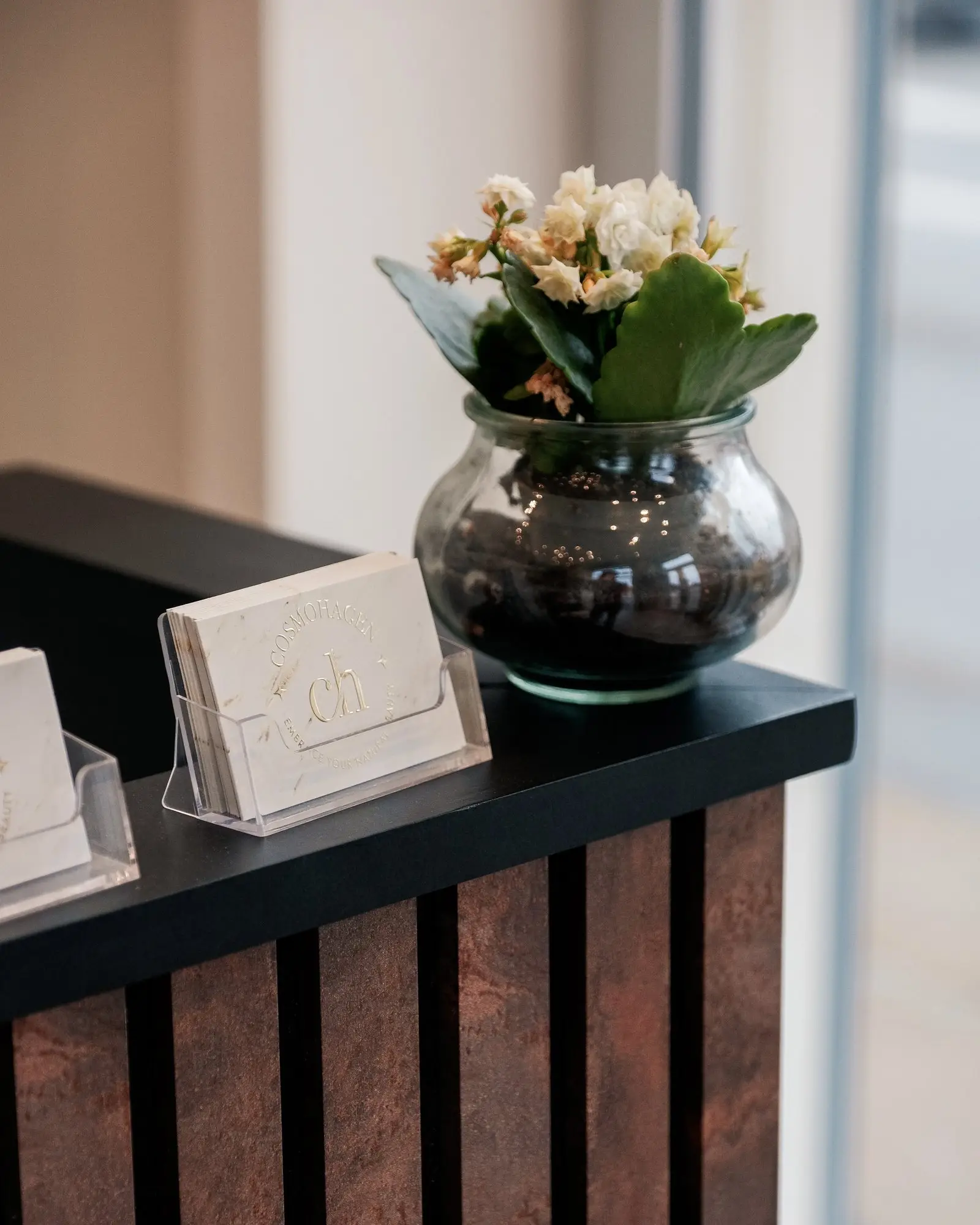 Cosmohagens visitkort og en blomstrende plante på disken i klinikkens reception