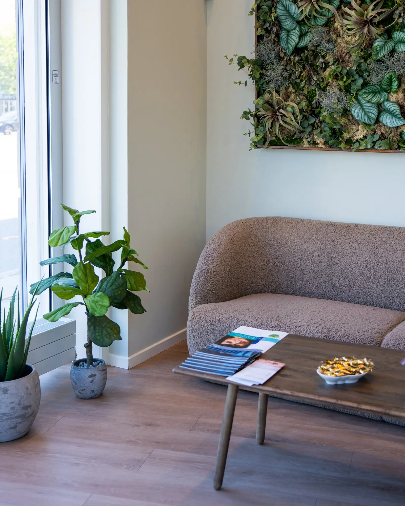 Cosmohagens venteområde med sofa, plantevæg og lys fra vinduet